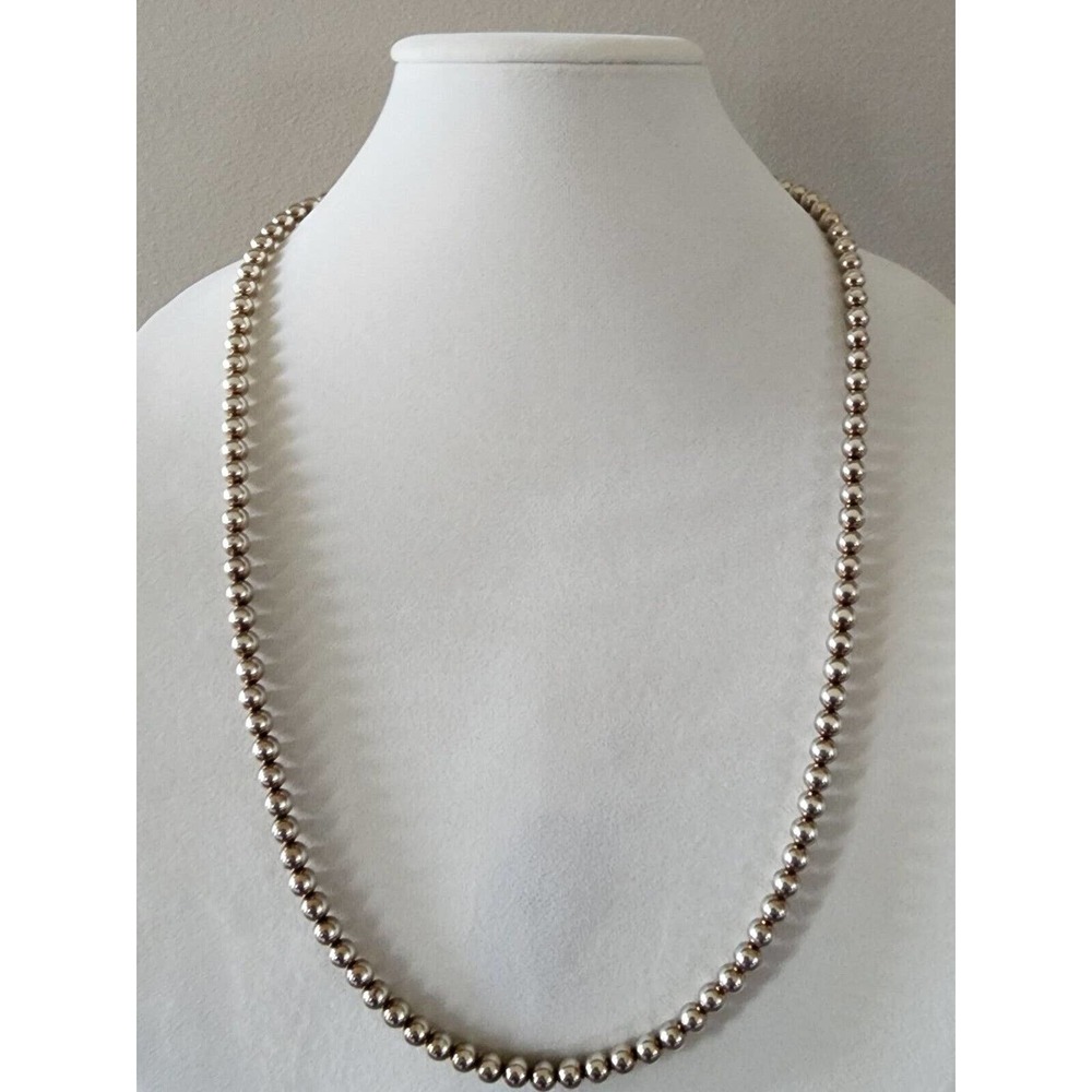 Sterling Silver 7 mm Bead Necklace " Navajo Pearl " 30" 36 grams Very Nice ! S2